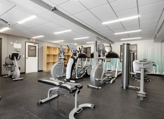a gym with cardio equipment and weights on the floor