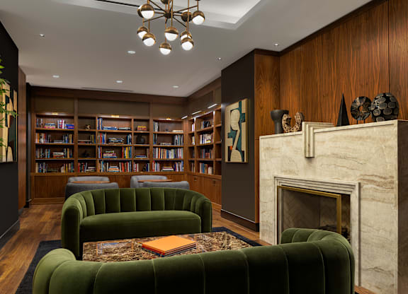 A living room with a fireplace and a bookshelf.