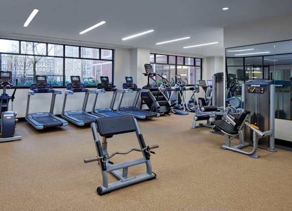 A gym with a variety of equipment including treadmills, stationary bikes, and weight machines.
