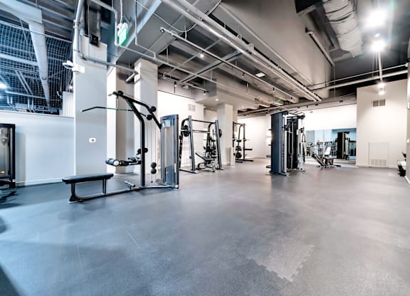 A spacious gym with a variety of equipment.
