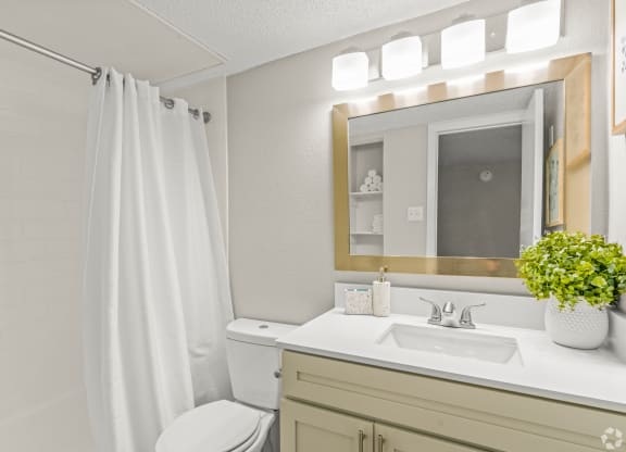 a bathroom with a shower and a sink and a mirror at District 2308, Arlington, TX 76011 ?