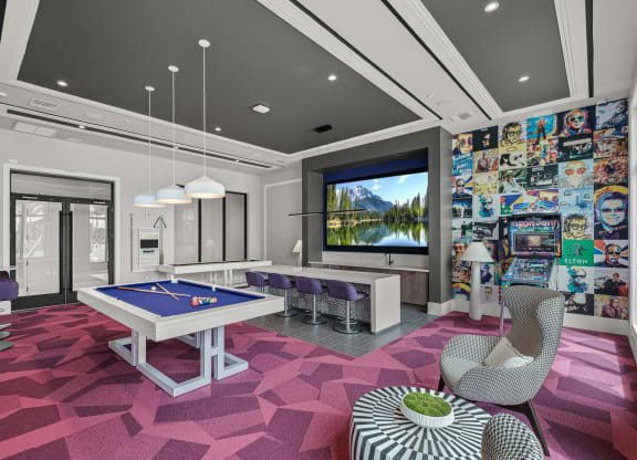 a game room with a pool table and a tv at Altis Grand Kendall, Florida, 33186