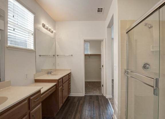 A bathroom with a walk in shower and a vanity.