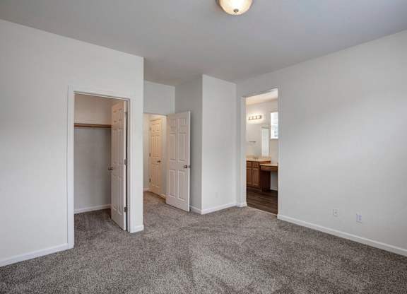A room with white walls and carpeted floor with two open doors.
