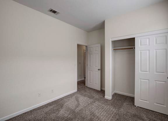 A room with a carpeted floor and two white doors.