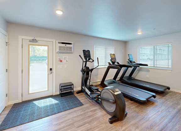 A home gym with a treadmill, elliptical trainer, and stationary bike.