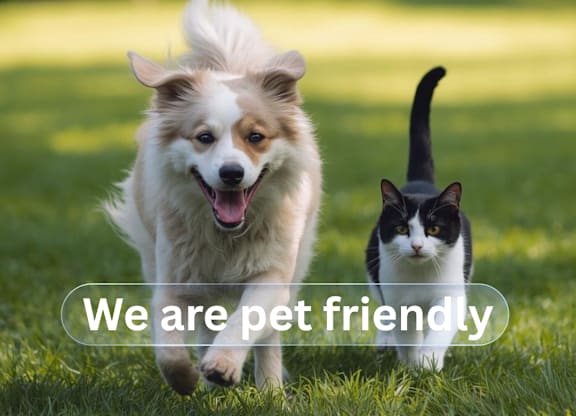 A dog and a cat are running together in the grass with a ball.