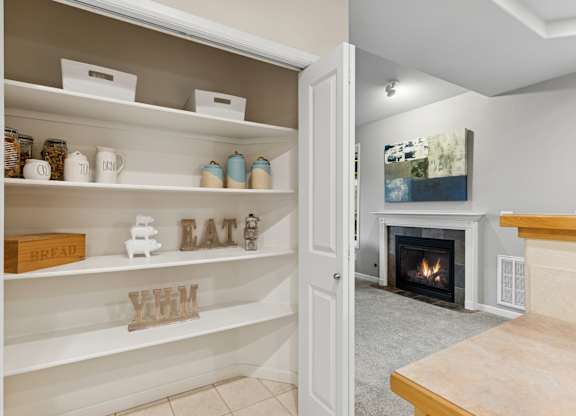 A kitchen pantry with a white door and shelves with food items and containers.