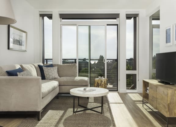4730 California Apartments Model Living Room Floor-to-Ceiling Windows