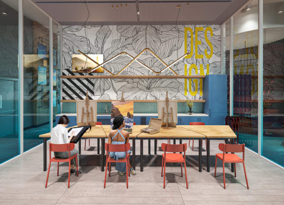 a rendering of people sitting at a table in a room with a colorful wall