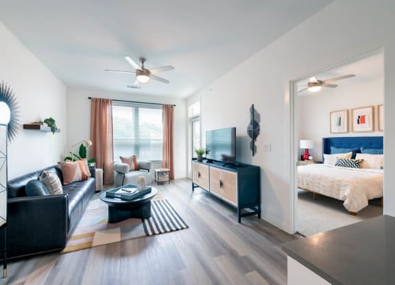 Corsair Apartments Living Room with View of Bedroom