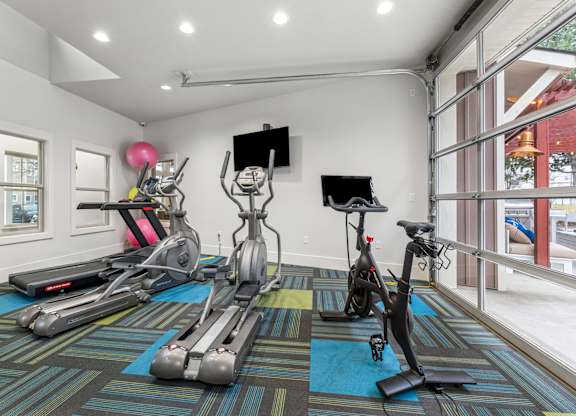 A room with exercise equipment and a TV.