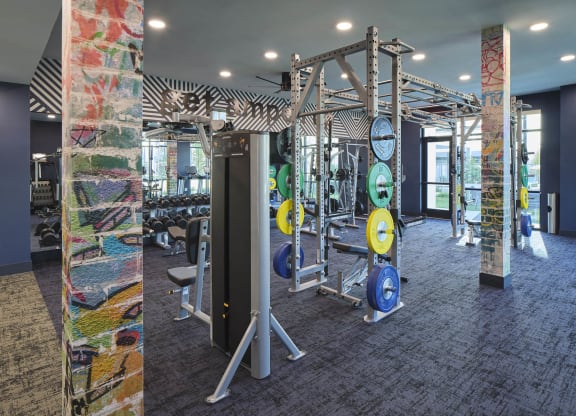 a gym with weights and cardio equipment in a building