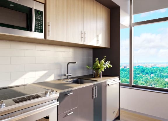 a kitchen with a sink and a microwave