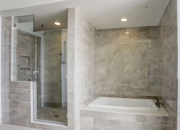 a shower and a bath tub in a marble bathroom