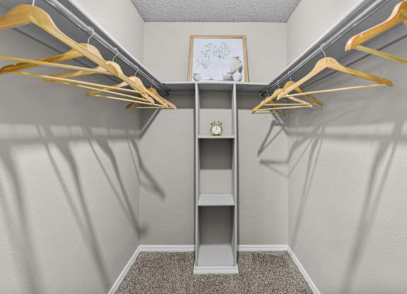 A small closet with a shelf and hangers.