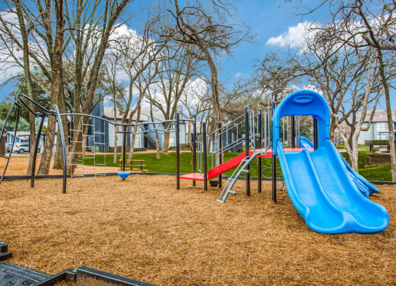 a playground with a blue slide and red slide