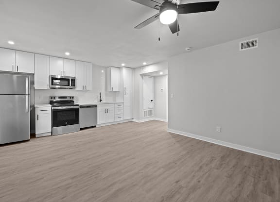 Photo of renovated kitchen with brand new stainless steel appliances at Sunset Heights, San Antonio, TX, 78209