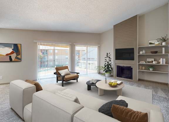 A living room with a white couch and a television.