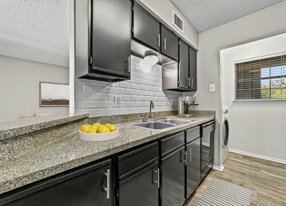 a kitchen with black cabinets and a counter top with a sink at Legacy Apartments in Plano, TX