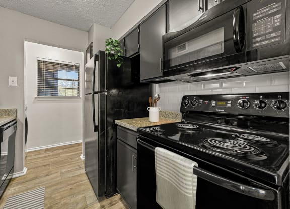a kitchen with black appliances and a black refrigerator at Legacy Apartments in Plano, TX