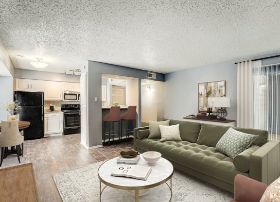 a living room with a couch and a table