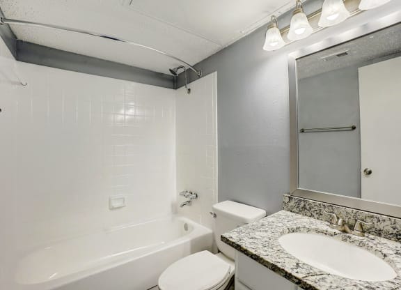 a bathroom with a sink toilet and tub and a mirror