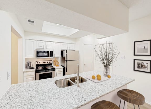 a kitchen with a counter top and a sink