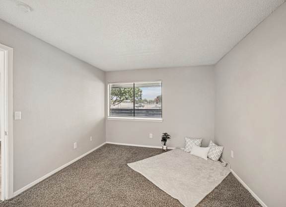 A room with a carpeted floor and a window with blinds.