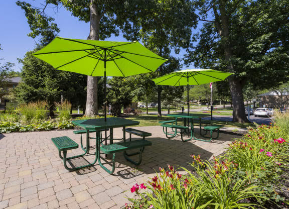 a picnic area with benches and umbrellas in a park