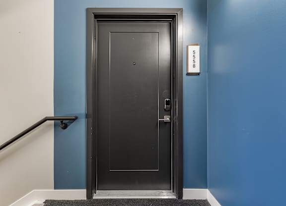 A black door with a handle and a doorknob with a wall on the side at Upper Vue Flats, Dublin