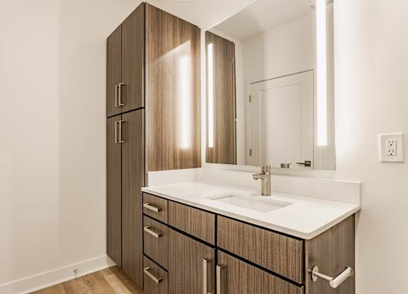 A bathroom with a sink, mirror, and wooden cabinets at Upper Vue Flats, Dublin