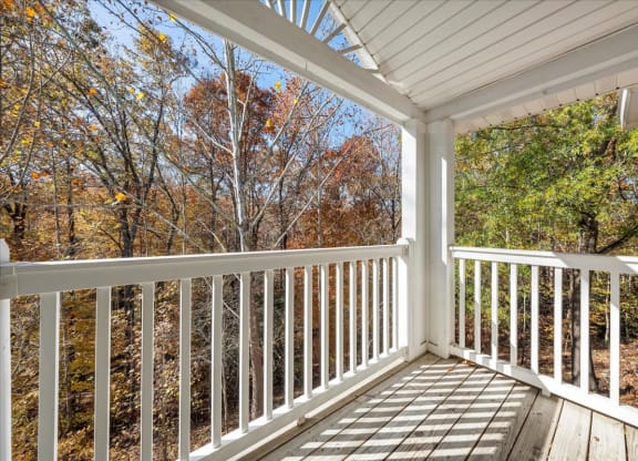 the view of the trees from the porch of a house at The Vinings Apartments in Richmond, VA 