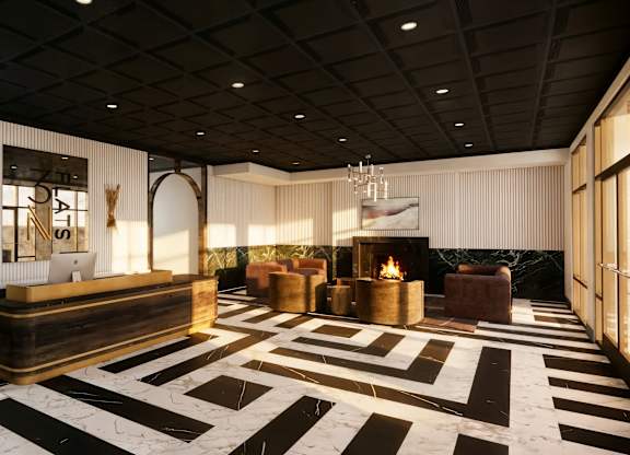 A black and white checkered floor in a room with a fireplace.