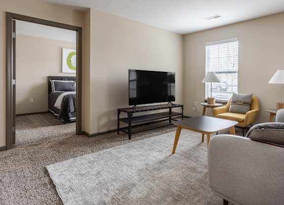 A living room with a grey sofa, a black television, and a wooden coffee table.