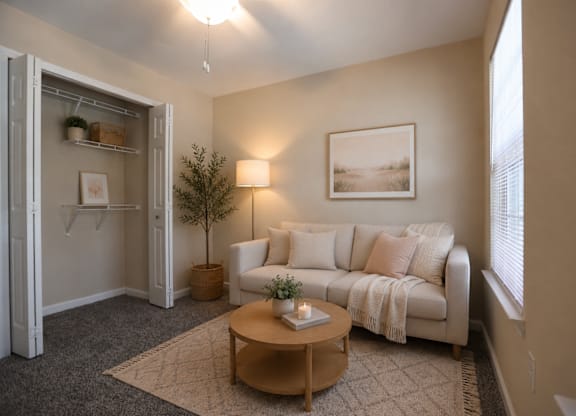 A living room with a white couch, a coffee table, and a small tree.