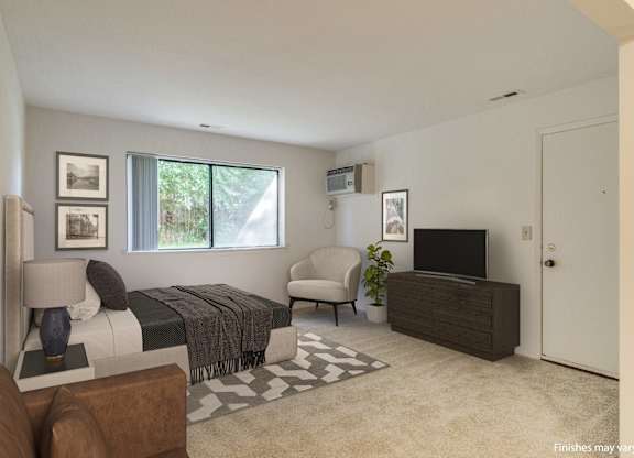 A living room with a brown couch, a bed, a chair, a television, and a potted plant.
