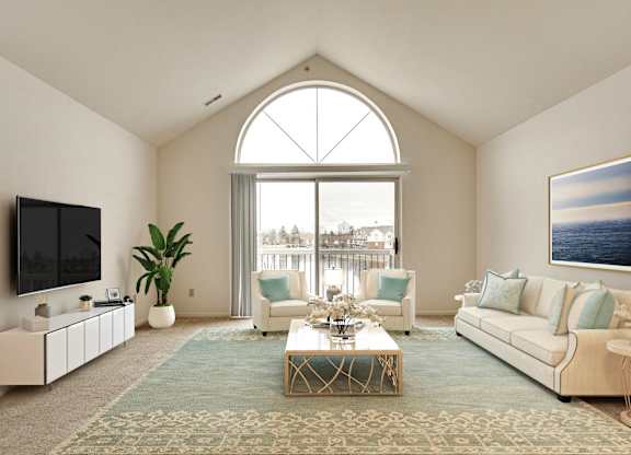A living room with a large window and a view of the city.