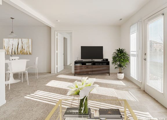 Buttercup Layout Model Living Room with Dining Area at The Harbours Apartments, Michigan 48038