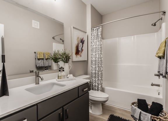 an open bathroom with a shower sink and toilet at Alexandria of Carmel Apartments, Indiana, 46032
