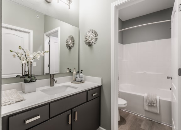 a bathroom with a sink and a shower and a mirror  at Alexandria of Carmel Apartments, Carmel, IN, 46032