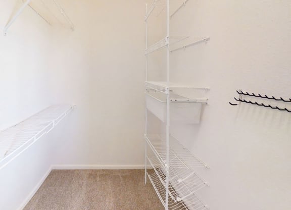 a walk-in closet with wardrobe organizersat Andover Pointe Apartment Homes, La Vista, Nebraska