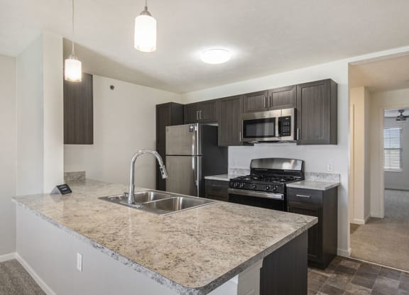 Two bedroom kitchen layout at Andover Pointe Apartment Homes, NE, 68138