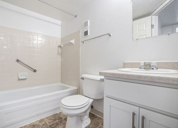 a bathroom with a sink toilet and a bath tub at Apple Ridge Apartments, Michigan, 49534