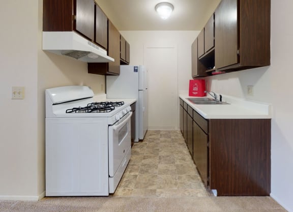 a kitchen with a gas stove refrigerator and a sink at Apple Ridge Apartments, Walker, Michigan