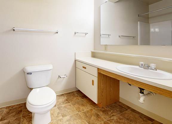 A white toilet sits in a bathroom next to a sink at Autumn Lakes Apartments and Townhomes in Mishawaka, IN