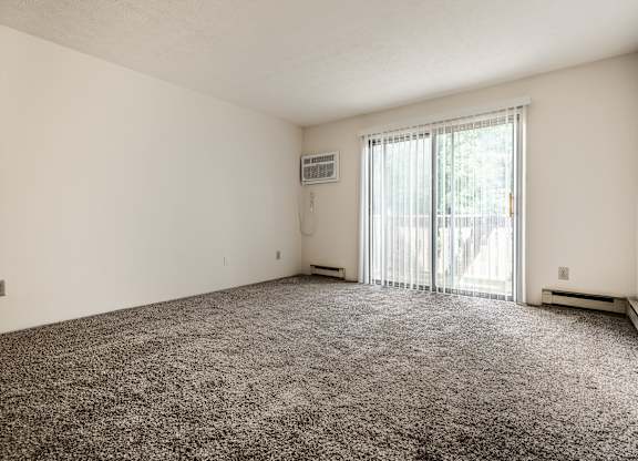 A room with a carpeted floor and a sliding glass door