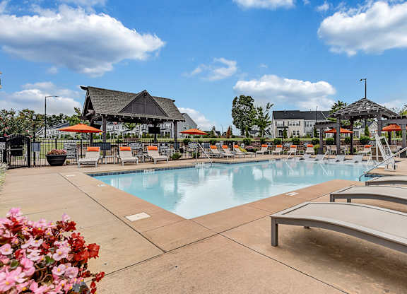 our resort style pool is filled with lounge chairs and umbrellas at Avellan Springs Apartments, Morrisville, NC, 27560