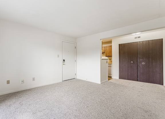 A room with a white door and a brown wardrobe
