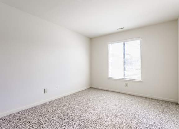 A white room with a window and carpeted floor